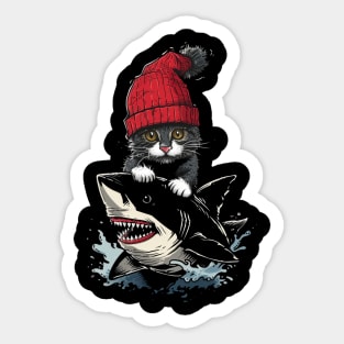 Cat Riding Shark Whiskered Adventure Sticker